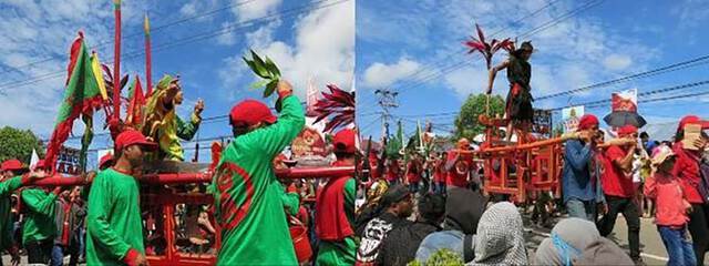 Two photos show different individuals being paraded on top of red palanquin structures in the street