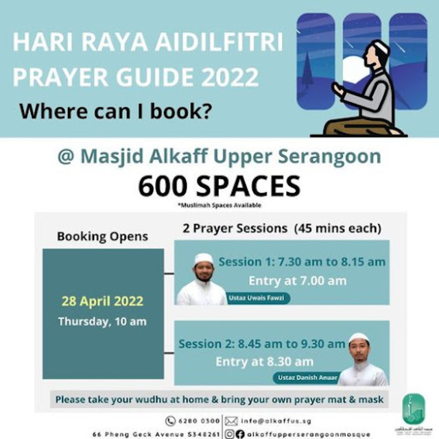 Poster in white and blue/green circulated on social media to provide guidelines and time information for the visitors of Masjid Alkaff in Singapore
