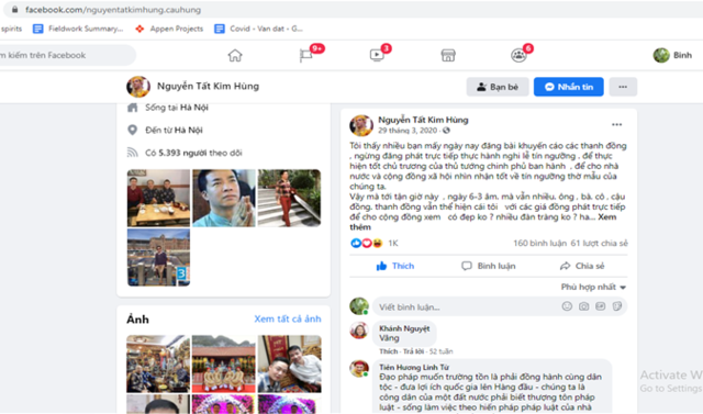 Screen shot of a Facebook post in which master medium Nguyen Tat Kim Hung calling for an end of live-streaming of len dong rituals.