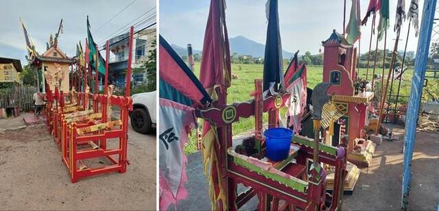 Two photos show highly decorated red sedan chairs and flags lined up outside in front of house temples