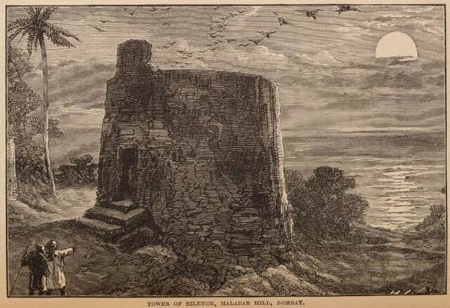 Black and white drawing from a yellowed book page, representing the Tower of Silence in Malabar Hill, Mumbai; image taken from the page 284 of the book The Great Indian Religions authored by Bettany G. T. and published in 1892.