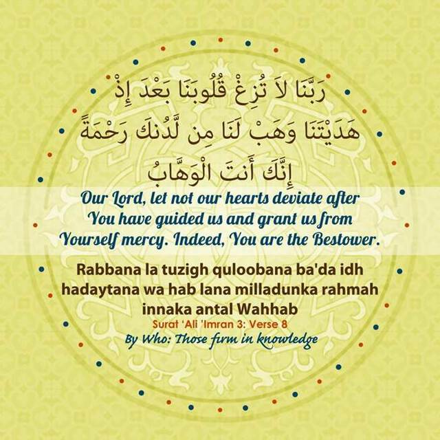 "Image on yellow background,  displaying a Quranic verse (""Let not our hearts deviate after You have guided us"": Qur'an 3:8) with an English translation accompanying the Arabic text and  a romanized transliteration, with skillfully rendered fonts and image designs, recalling key elements of  Islamicate art. Screenshot from social media."