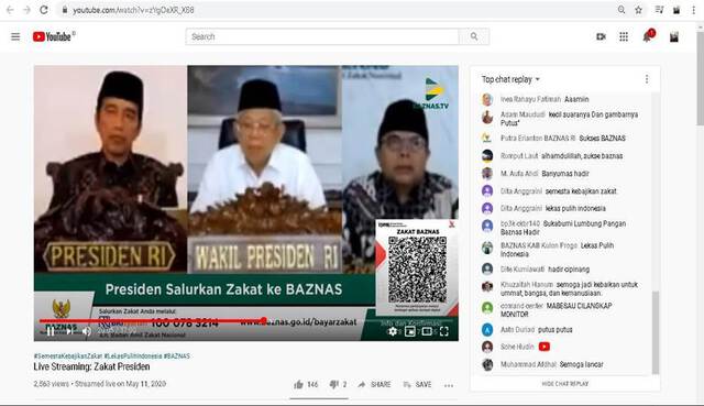 Screenshot of a YouTube video with the Indonesian president and vice president (followed by high officials) paying their zakat through online payment to BAZNAS