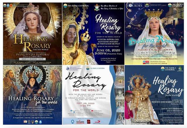 A collage of posters publicizing events titled "Healing Rosary", bearing images of Mother Mary and baby Jesus. Manila Cathedral's Healing Rosary Sample Publicity Materials.